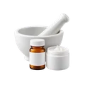 Mortar and pestle, prescription bottle and cream jar