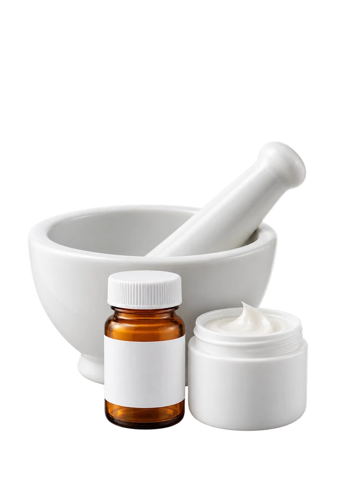 Mortar and pestle, prescription bottle and cream jar
