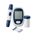 Blood glucose meter, lancing device and test strips