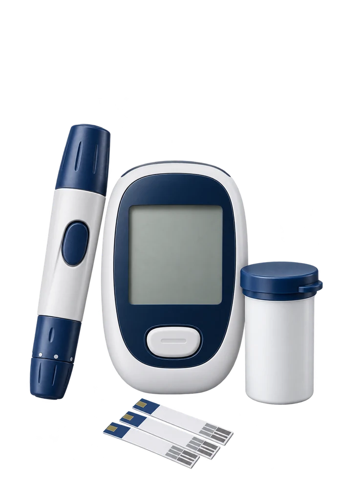 Blood glucose meter, lancing device and test strips