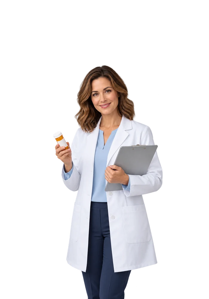 Pharmacist holding a prescription bottle and clipboard
