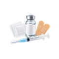 Vaccine vial, capped syringe and bandages