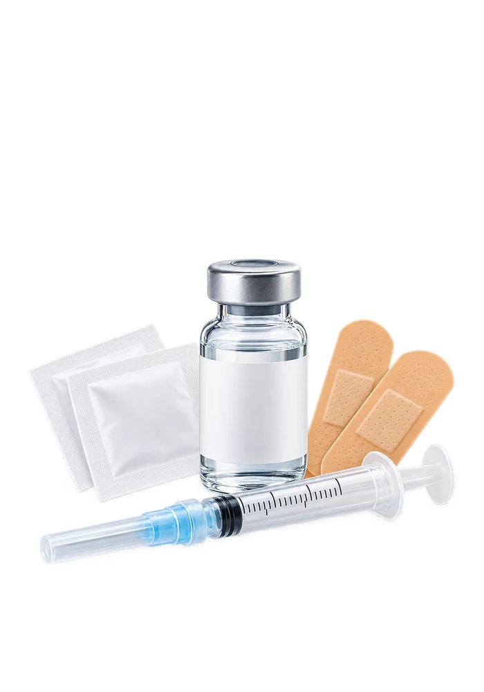 Vaccine vial, capped syringe and bandages